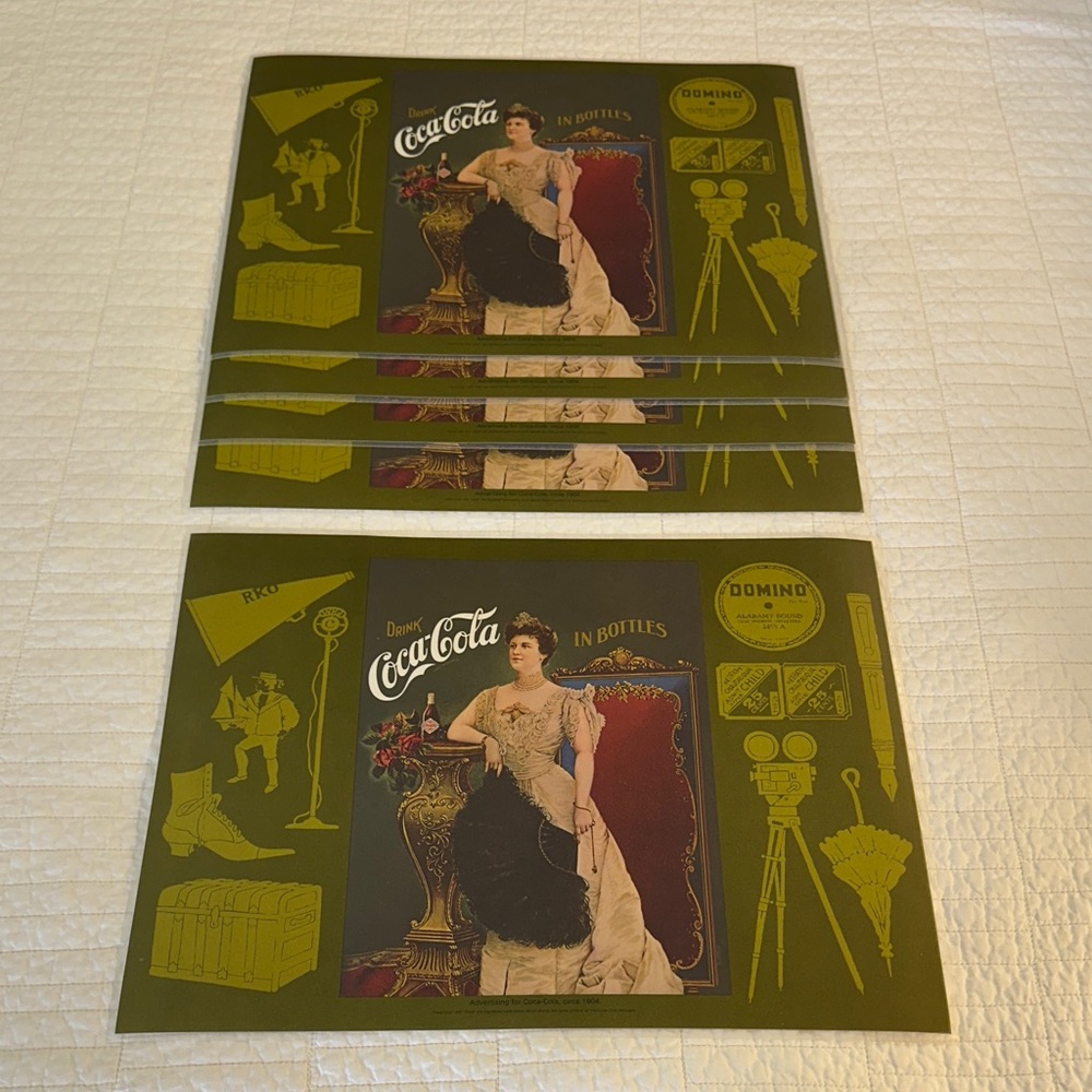 Coca-Cola Vintage Placemats Olive Green and Black Victorian set of 5 Art Prints